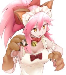 Rule 34 | 10s, 1girl, animal ears, animal hands, bell, breasts, cleavage, collar, fate/extra, fate/extra ccc, fate/grand order, fate (series), fox ears, hair ribbon, kinpun (fgxdw447), long hair, looking at viewer, medium breasts, neck bell, open mouth, painting (medium), pink hair, ponytail, ribbon, simple background, smile, solo, tamamo (fate), tamamo cat (fate), tamamo cat (third ascension) (fate), tamamo no mae (fate/extra), traditional media, upper body, watercolor (medium), white background, yellow eyes