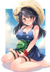 Rule 34 | 1girl, barefoot, black hair, blonde hair, blue one-piece swimsuit, breasts, cleavage, cloud, commission, embarrassed, festa11307070, hat, highres, kantai collection, large breasts, long hair, looking at viewer, no shoes, one-piece swimsuit, open mouth, polka dot, ribbon, school swimsuit, sitting, skeb commission, sky, solo, straw hat, summer uniform, swimsuit, thigh strap, tight clothes, toes, ushio (kancolle), wariza, wavy mouth