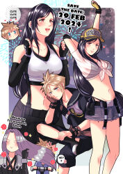 Rule 34 | 1girl, 2boys, arms up, babigonice, bikini, bikini under clothes, black hair, blonde hair, blue eyes, blush, breasts, brown hair, crop top, denim, denim skirt, elbow pads, elbow rest, english text, final fantasy, final fantasy vii, final fantasy vii ever crisis, final fantasy vii remake, fingerless gloves, frayed clothes, frayed skirt, gloves, grey hair, hair flip, hand on own cheek, hand on own face, head rest, hetero, highres, large breasts, long hair, looking at viewer, low-tied long hair, multiple boys, navel, official alternate costume, parted bangs, sephiroth, shirt, sitting, skirt, smile, sparkle, stretching, suspender skirt, suspenders, suspenders gap, suspenders under shirt, swimsuit, tank top, taut clothes, taut shirt, tifa lockhart, tifa lockhart (lifeguard), two-tone headwear, white tank top