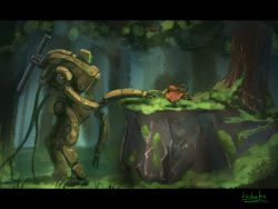 Rule 34 | beak, bird, bottoms1237, forest, from side, glowing, glowing eyes, green eyes, highres, letterboxed, mecha, nature, original, outstretched hand, robot, science fiction, standing, tree