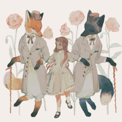 Rule 34 | 1girl, animal, black footwear, brown hair, cane, child, closed eyes, clothed animal, dress, flower, fox, hat, highres, holding another&#039;s arm, jacket, leaf, long hair, long sleeves, mary janes, original, pants, peter pan collar, shirt, shoes, socks, tono (rt0no), top hat, white background, white legwear, white shirt