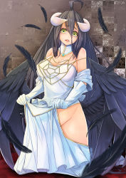 Rule 34 | 1girl, ahoge, albedo (overlord), bare shoulders, bird wings, black hair, black wings, breasts, cleavage, clothes lift, demon girl, demon horns, detached collar, dress, dress lift, elbow gloves, feathers, female focus, gloves, groin, highres, hip vent, horns, jewelry, large breasts, long hair, looking at viewer, maru-pen, necklace, no panties, open mouth, overlord (maruyama), silk, solo, spider web, strapless, strapless dress, very long hair, white dress, white gloves, wings, yellow eyes