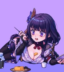 Rule 34 | 1girl, 28 (282teeth), arm support, armor, black feathers, black hair, blunt bangs, book, bottle, bow, bowtie, braid, breasts, bridal gauntlets, choko (cup), cleavage, commentary request, crying, crying with eyes open, cup, faith eternal (genshin impact), feathers, food, genshin impact, gradient hair, hair ornament, holding, holding book, holding skewer, japanese clothes, long hair, long sleeves, looking away, low-tied long hair, low ponytail, lying, medium breasts, milk bottle, multicolored hair, object on breast, omelet, on stomach, plate, purple background, raiden shogun, shoulder armor, sidelocks, simple background, single braid, skewer, solo, surprised, tamagoyaki, tears