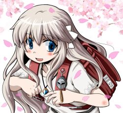 Rule 34 | 1girl, 3010shiki, backpack, bag, blue eyes, blush, cherry blossoms, commentary request, crime prevention buzzer, dress, ender lilies quietus of the knights, grey hair, hair ornament, jewelry, lily (ender lilies), long hair, necklace, open mouth, pendant, petals, randoseru, red bag, smile, upper body, white dress