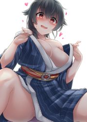 Rule 34 | 1girl, absurdres, black hair, blue kimono, blush, breasts, collarbone, hair between eyes, hair flaps, heart, highres, japanese clothes, jingei (kancolle), kantai collection, kimono, kiritto, large breasts, long hair, no bra, no panties, obi, open mouth, red eyes, sash, shaded face, simple background, solo, white background, yukata