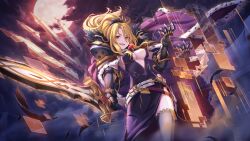 Rule 34 | 1girl, armor, blonde hair, christina (princess connect!), gloves, green eyes, holding, holding sword, holding weapon, looking at viewer, official art, pointing weapon, princess connect!, sword, weapon