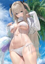 Rule 34 | 1girl, akita hika, bikini, blonde hair, blue eyes, blush, breasts, clothes lift, commentary request, duplicate, from below, hair ornament, highres, innertube, large breasts, lifting own clothes, long hair, long sleeves, looking at viewer, looking down, mouth hold, navel, original, outdoors, palm tree, side-tie bikini bottom, solo, sparkle, stomach, sweater, sweater lift, swim ring, swimsuit, thighs, tree, two side up, underboob, wet, white bikini, white sweater