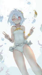 Rule 34 | 1girl, antenna hair, bare legs, bare shoulders, blush, breasts, cameltoe, collarbone, double v, fish, flower, hair between eyes, hair flower, hair ornament, highres, kokkoro (princess connect!), kokkoro (summer) (princess connect!), looking at viewer, one-piece swimsuit, one eye closed, pointy ears, princess connect!, red eyes, rou (rou22), short hair, silver hair, small breasts, smile, solo, swimsuit, underwater, v, white flower, white one-piece swimsuit, wristband