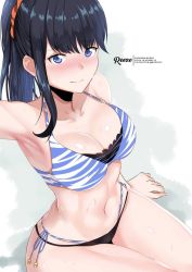Rule 34 | 1girl, 3:, animal print, armpits, bikini, black bikini, black hair, blue bikini, blue eyes, blush, breasts, cleavage, closed mouth, commentary, english commentary, gridman universe, hair ornament, hair scrunchie, halterneck, hand in own hair, large breasts, long hair, looking at viewer, mismatched bikini, navel, orange scrunchie, paid reward available, reeze (reezely), scrunchie, shiny skin, side-tie bikini bottom, sidelocks, sitting, solo, ssss.gridman, swimsuit, takarada rikka, thighs, tiger print, wet, wide hips