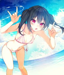 Rule 34 | 1girl, :o, artist name, artist request, bare legs, bare shoulders, bikini, black hair, blue sky, blush, bow, breasts, cloud, collarbone, female focus, flat chest, hair bow, highres, looking at viewer, love live!, love live! school idol project, nico nico nii, ocean, outdoors, parted lips, pink bikini, red eyes, short hair, sky, small breasts, smile, solo, striped bikini, striped clothes, swimsuit, thighhighs, twintails, yazawa nico, yuaru (kimur 1115)