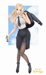 Rule 34 | 1girl, anchor symbol, belt, belt buckle, black belt, black bra, black jacket, black necktie, black pantyhose, black skirt, blonde hair, blue eyes, bomber jacket, bra, breasts, buckle, cup, disposable cup, dress shirt, full body, highres, holding, holding clothes, holding cup, holding jacket, hornet (kancolle), jacket, kantai collection, large breasts, long hair, necktie, pantyhose, pencil skirt, r31harutan, see-through, shirt, skirt, sleeveless, sleeveless shirt, solo, underwear, white shirt