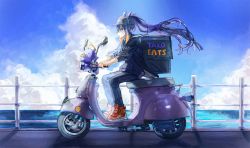 Rule 34 | 1girl, boots, cloud, delivery, fence, highres, hololive, hololive english, long hair, motor vehicle, multicolored hair, ninomae ina&#039;nis, ocean, pants, pointy ears, purple hair, quasarcake, scooter, sitting, solo, sweater, takodachi (ninomae ina&#039;nis), tentacle hair, virtual youtuber