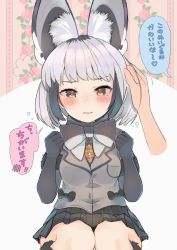 Rule 34 | 1girl, puff of air, ancolatte (onikuanco), animal ear fluff, animal ears, bat-eared fox (kemono friends), black bow, black gloves, black hair, black skirt, blush, bow, bowtie, brown eyes, clenched hands, commentary request, elbow gloves, extra ears, fox ears, gloves, highres, kemono friends, looking at viewer, multicolored hair, parted lips, pleated skirt, pov, pov hands, short hair, silver hair, sitting, skirt, solo focus, tears, translated, two-tone hair