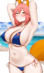 Rule 34 | 1girl, absurdres, animal ears, arind yudha, armpits, arms behind head, bare arms, bikini, blue bikini, breasts, cleavage, collarbone, commentary, fate/grand order, fate (series), fox ears, fox girl, fox tail, highres, huge breasts, looking at viewer, navel, pink hair, side-tie bikini bottom, solo, stomach, swimsuit, tail, tamamo (fate), tamamo no mae (fate/extra), tamamo no mae (swimsuit lancer) (fate), thighs, white background, yellow eyes
