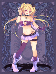 Rule 34 | 1girl, :d, blonde hair, breasts, cleavage, dennryuurai, fantasy, gloves, heart, heart cutout, highleg, highleg panties, large breasts, long hair, open mouth, panties, psychic hearts, red eyes, single glove, single thighhigh, smile, solo, thighhighs, twintails, underwear, v