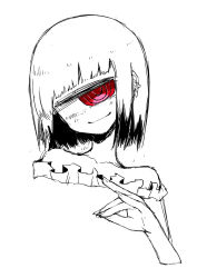 Rule 34 | 1girl, @ @, absurdres, bad id, bad twitter id, bare shoulders, blunt bangs, collarbone, cyclops, ear piercing, fingernails, fox shadow puppet, frills, head tilt, highres, kurome shirome, looking at viewer, medium hair, one-eyed, original, piercing, red eyes, simple background, sketch, smug, solo, spot color, upper body, white background