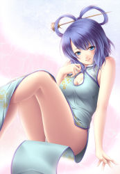 Rule 34 | 1girl, aqua eyes, bad id, bad pixiv id, bare shoulders, blue hair, blush, breasts, china dress, chinese clothes, cleavage, cleavage cutout, clothing cutout, dress, female focus, hair ornament, hair rings, hair stick, hand on own chest, kaku seiga, legs, looking at viewer, mochi.f, panties, pantyshot, sitting, smile, solo, touhou, underwear, white panties