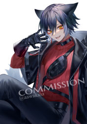 Rule 34 | :d, animal ears, black gloves, black jacket, black pants, brown eyes, commission, eyebrows hidden by hair, feet out of frame, gloves, hair between eyes, jacket, layered sleeves, long sleeves, looking at viewer, open clothes, open jacket, open mouth, original, pants, red shirt, ribbed shirt, ryuuki (hydrangea), shirt, short over long sleeves, short sleeves, simple background, sitting, skeb commission, smile, tail, twitter username, watermark, white background, wide sleeves