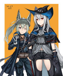 Rule 34 | 2girls, animal ears, ark john up, arknights, belt, belt pouch, black capelet, black gloves, black headwear, black pants, blue coat, blue pants, blush, bracelet, breasts, brown shirt, capelet, closed mouth, clothing cutout, coat, collared shirt, commentary, cowboy shot, dated, english commentary, eyelashes, gloves, grani (arknights), green hair, grey jacket, grey neckerchief, hair between eyes, hat, highres, horse ears, jacket, jewelry, locked arms, long hair, looking at viewer, medal, midriff, multiple girls, navel, neckerchief, one eye closed, open clothes, open coat, orange background, pants, ponytail, pouch, purple eyes, red eyes, shirt, side-by-side, signature, silver hair, simple background, skadi (arknights), small breasts, smile, standing, striped, sword, thigh cutout, thigh pouch, thigh strap, thighs, v, vertical stripes, weapon, white gloves, wing collar