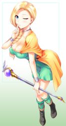 Rule 34 | 1girl, ankle boots, bianca (dq5), blonde hair, blue eyes, boots, braid, breasts, cape, choker, cleavage, dragon quest, dragon quest v, dress, earrings, finger to mouth, green dress, hair over shoulder, jewelry, large breasts, long hair, one eye closed, pinky out, shushing, single braid, socks, solo, square enix, st.germain-sal, staff