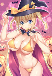 Rule 34 | &gt;:), 1girl, adjusting clothes, adjusting headwear, aikawa tatsuki, bikini, blonde hair, blue eyes, breasts, cape, cleavage, collarbone, commentary request, covered erect nipples, cowboy shot, halloween, hat, jack-o&#039;-lantern, large breasts, long hair, looking at viewer, navel, original, pink background, pumpkin, shiny skin, skindentation, solo, sparkle, stomach, swimsuit, thighs, twintails, underboob, witch hat, yellow bikini