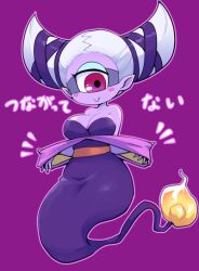 Rule 34 | 1girl, bare shoulders, blush stickers, breasts, colored skin, cyclops, flame-tipped tail, floating, fuumin (youkai watch), hair horns, large breasts, looking at viewer, monster girl, nollety, one-eyed, pink eyes, pointy ears, purple background, purple skin, simple background, smile, solo, translation request, youkai (youkai watch), youkai watch