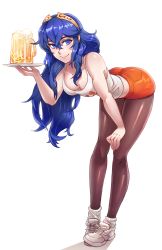 Rule 34 | 1girl, alcohol, ass, bare shoulders, beer, bent over, blue eyes, blue hair, breasts, cleavage, fire emblem, fire emblem awakening, highres, hooters, leggings, long hair, looking at viewer, lucina (fire emblem), medium breasts, nintendo, shoes, shorts, smile, sneakers, solo, tank top, tiara, waitress