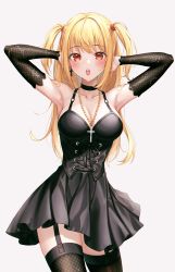Rule 34 | 1girl, :o, absurdres, amane misa, armpits, arms up, black choker, black dress, black thighhighs, blush, breasts, choker, cleavage, collarbone, cowboy shot, cross, cross earrings, death note, detached sleeves, dress, earrings, eichi (skskdi12z), garter straps, highres, jewelry, large breasts, long hair, long sleeves, looking at viewer, open mouth, red eyes, rosary, sidelocks, simple background, solo, thighhighs, two side up, white background