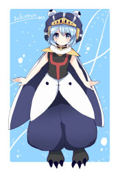 Rule 34 | 1other, androgynous, black footwear, black shirt, blue cape, blue eyes, blue hair, blue headwear, blue shorts, cape, closed mouth, commentary request, dated, full body, helmet, highres, len&#039;en, looking at viewer, moritake medias, other focus, ougi hina, shirt, short hair, shorts, sleeveless, sleeveless shirt, solo
