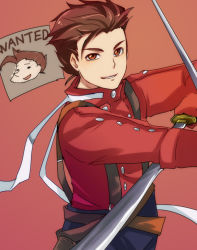 Rule 34 | 00s, 1boy, belt, brown eyes, brown hair, dual wielding, holding, kamabo ko, lloyd irving, male focus, poster (object), red background, red shirt, scarf, sheath, shirt, simple background, smile, solo, suspenders, sword, tales of (series), tales of symphonia, wanted, weapon
