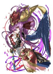 Rule 34 | 1girl, armor, bad id, bad pixiv id, dragon girl, dragon horns, dragon tail, dragon wings, fins, hair over one eye, hand to own mouth, head fins, horns, kei (keiclear), leotard, long hair, purple hair, puzzle &amp; dragons, red eyes, scales, simple background, solo, sonia (p&amp;d), tail, thighhighs, vambraces, white background, wings