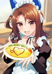 Rule 34 | 1girl, absurdres, animal ears, apron, atelier z44, bandaid, bandaid on hand, blurry, blurry background, brown hair, ear covers, food, frilled apron, frills, hair between eyes, heart, highres, holding, holding food, horse ears, horse girl, king halo (umamusume), long sleeves, looking at viewer, maid, maid apron, maid headdress, omelet, omurice, open mouth, puffy long sleeves, puffy sleeves, red eyes, smile, solo, umamusume, upper body, white apron