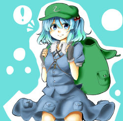 Rule 34 | !, 10eki (tenchou), 1girl, backpack, bad id, bad pixiv id, bag, blue eyes, blue hair, fingerless gloves, gloves, hair bobbles, hair ornament, hat, highres, kawashiro nitori, key, looking at viewer, matching hair/eyes, short hair, smile, solo, spoken exclamation mark, touhou, twintails, two side up
