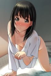 Rule 34 | 1girl, :o, absurdres, all fours, bare shoulders, bed sheet, black hair, blush, bottomless, breasts, brown eyes, collarbone, highres, long hair, looking at viewer, matsunaga kouyou, nose blush, off shoulder, open clothes, open shirt, original, parted lips, pillow, polka dot, shirt, short sleeves, small breasts, solo, wet, white shirt, wide sleeves