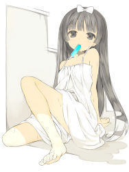 Rule 34 | 1girl, arm support, bare shoulders, barefoot, black eyes, black hair, bow, dress, feet, hair bow, kurasuke, leaning back, long hair, looking at viewer, mouth hold, popsicle, sitting, solo, sweat, toes, very long hair, white dress