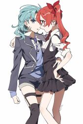 2girls arm_around_neck arm_around_waist artist_name black_skirt blue_eyes blue_hair blue_necktie blue_shirt collared_shirt frederica_nikola_tesla garter_belt glasses grey_jacket hair_ornament hand_on_own_hip highres honkai_(series) honkai_impact_3rd jacket lieserl_albert_einstein long_hair long_sleeves looking_at_viewer multiple_girls necktie open_mouth red_eyes red_hair shirt short_hair simple_background skirt thighhighs twintails uehara_suiyo white_background white_shirt yuri