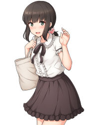 Rule 34 | 1girl, alternate costume, bag, black hair, black skirt, blouse, casual, commentary request, cowboy shot, frilled shirt, frilled skirt, frills, fubuki (kancolle), green eyes, hair ornament, hair scrunchie, highres, kantai collection, long hair, looking at viewer, low ponytail, nakamura sumikage, pink scrunchie, ponytail, scrunchie, shirt, short ponytail, sidelocks, simple background, skirt, smile, solo, white background, white shirt