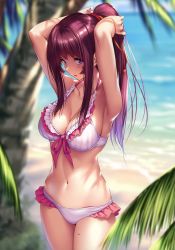 Rule 34 | 1girl, absurdres, armpits, arms up, bare arms, bare shoulders, beach, bikini, blurry, blurry background, breasts, brown hair, cleavage, collarbone, cowboy shot, day, frilled bikini, frills, front-tie bikini top, front-tie top, highres, large breasts, long hair, looking at viewer, mole, mole on thigh, navel, ocean, open mouth, outdoors, palm leaf, palm tree, piromizu, ponytail, purple eyes, scan, shizuki neru, sidelocks, solo, stomach, swimsuit, tree, water