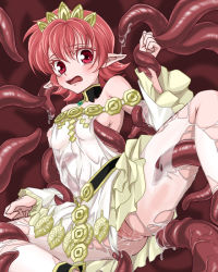 Rule 34 | 1girl, bare shoulders, breasts, choker, crown, detached sleeves, dress, frills, gradient background, inanna, iria animi, jewelry, open mouth, panties, pointy ears, pussy, red eyes, red hair, see-through, short hair, tales of (series), tales of innocence, tears, tentacles, underwear