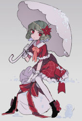 Rule 34 | 1girl, back bow, bag, black footwear, boots, bow, busujima (kusahana), capelet, closed mouth, commentary request, expressionless, flower, footwear bow, frilled skirt, frills, full body, gloves, green hair, grey background, hair flower, hair ornament, high heel boots, high heels, highres, holding, holding umbrella, kazami yuuka, looking to the side, medium skirt, neckerchief, one-hour drawing challenge, pantyhose, plaid, plaid skirt, red bow, red capelet, red eyes, red skirt, short hair, skirt, snow, snowman, solo, standing, touhou, umbrella, wavy hair, white gloves, white pantyhose, yellow neckerchief