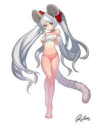 Rule 34 | 10s, 1girl, animal ears, animal hands, bad id, bad pixiv id, bare legs, barefoot, blade &amp; soul, covering chest, covering privates, flat chest, full body, hair over breasts, hair ribbon, long hair, lyn (blade &amp; soul), mouse ears, navel, original, panties, pink panties, red eyes, rheez, ribbon, signature, silver hair, simple background, solo, tail, topless, twintails, underwear, very long hair, white background