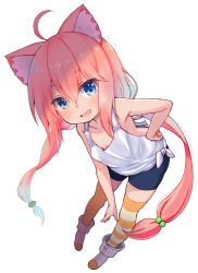 Rule 34 | 1girl, ahoge, animal ear fluff, animal ears, asymmetrical legwear, bad id, bad pixiv id, bike shorts, black shorts, blue eyes, boots, cat ears, from above, full body, hair bobbles, hair ornament, hand on own hip, highres, hinata channel, leaning forward, long hair, looking up, low twintails, mismatched legwear, nekomiya hinata, open mouth, orange thighhighs, pink hair, shorts, simple background, siragagaga, smile, solo, striped clothes, striped thighhighs, tank top, thighhighs, twintails, virtual youtuber, white background, white footwear, white tank top