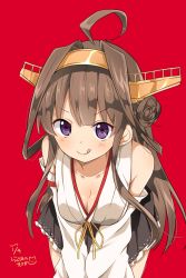 Rule 34 | &gt;:p, 10s, 1girl, 2017, :p, ahoge, bare shoulders, blush, breasts, brown hair, cleavage, collarbone, dated, detached sleeves, double bun, hairband, headgear, japanese clothes, kantai collection, kongou (kancolle), large breasts, leaning forward, long hair, looking at viewer, nontraditional miko, open mouth, purple eyes, ragho no erika, red background, smile, solo, standing, tongue, tongue out, v-shaped eyebrows, v arms