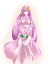 Rule 34 | 1girl, bad id, bad pixiv id, bespectacled, book, breasts, crescent, crescent hair ornament, dress, female focus, glasses, hair ornament, highres, impossible clothes, impossible shirt, large breasts, long hair, aged up, patchouli knowledge, purple eyes, purple hair, ribbon, shirt, sitting, solo, touhou, very long hair, yamane akira