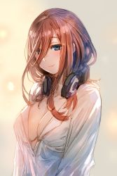 Rule 34 | 1girl, blue eyes, blush, bow (bhp), breasts, brown hair, cleavage, closed mouth, colored eyelashes, commentary request, dress shirt, eyes visible through hair, go-toubun no hanayome, gradient background, hair over one eye, headphones, headphones around neck, large breasts, long hair, looking at viewer, nakano miku, no bra, partially unbuttoned, shirt, sketch, smile, solo, upper body, white shirt