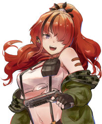 Rule 34 | 1girl, :d, bandeau, bare shoulders, black gloves, black hair, breasts, commentary request, fingerless gloves, gloves, green jacket, gun, hair over one eye, handgun, highres, holding, holding gun, holding weapon, jacket, lain paterson, lain paterson (1st costume), large breasts, long hair, long sleeves, looking at viewer, midriff, multicolored hair, navel, nijisanji, off shoulder, open clothes, open jacket, open mouth, pistol, pouch, purple eyes, red hair, simple background, smile, solo, stomach, strapless, streaked hair, suspenders, toto (chocototo23), tube top, upper body, virtual youtuber, weapon, white background