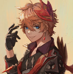Rule 34 | 1boy, black gloves, blue eyes, brown hair, collarbone, cropped, earrings, gem, genshin impact, gloves, hair between eyes, jewelry, looking at viewer, male focus, mask, mask on head, parted lips, pinky ring, ring, single earring, sleeves rolled up, smile, solo, tartaglia (genshin impact), upper body, xiao wx