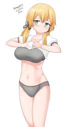 Rule 34 | 1girl, absurdres, anchor hair ornament, aqua eyes, blonde hair, bra, breasts, clothes lift, commentary request, cowboy shot, dated, grey bra, grey panties, hair ornament, highres, kantai collection, large breasts, lifting own clothes, long hair, looking at viewer, maru (marg0613), navel, panties, prinz eugen (kancolle), shirt, shirt lift, simple background, solo, sports bra, t-shirt, twintails, twitter username, underwear, white background, white shirt