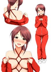Rule 34 | 10s, 1girl, aizawa u-ji, bare shoulders, bdsm, blush, breast bondage, breasts, brown eyes, brown hair, collarbone, from behind, full body, head tilt, idolmaster, idolmaster cinderella girls, jacket, long hair, looking at viewer, medium breasts, mifune miyu, multiple views, off shoulder, open clothes, open jacket, open mouth, pants, ponytail, shibari, shibari under clothes, shiny skin, shoes, sidelocks, simple background, sneakers, track jacket, track pants, track suit, upper body