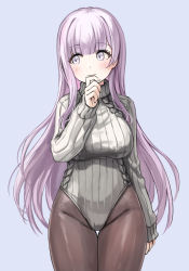 Rule 34 | 1girl, absurdres, artist request, blush, breasts, d4dj, finger to mouth, grey eyes, highres, izumo saki, large breasts, leotard, long hair, pantyhose, purple hair, solo, sweater, tagme, turtleneck